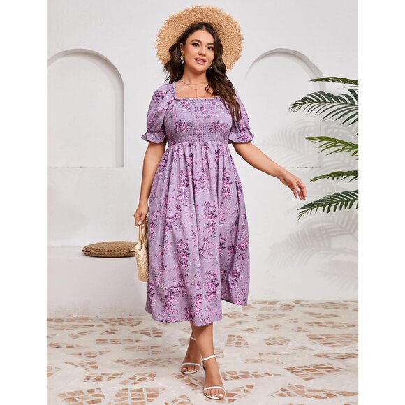 Womens Floral Smocked Ruffle Square Neck Midi Dress Plus Size Summer Casual - Picture 2 of 6